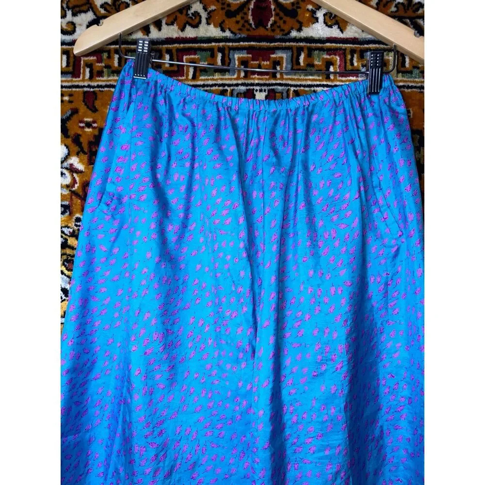 Vintage Custom 100% Silk Artsy Blue Patterned Wide Leg Pants Size M Boho Luxe